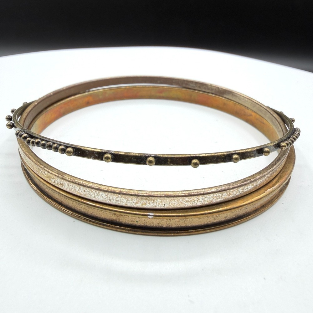 Brass Tone Multi Band Bangle Bracelet Beaded Dot Boho Tribal Statement Jewelry